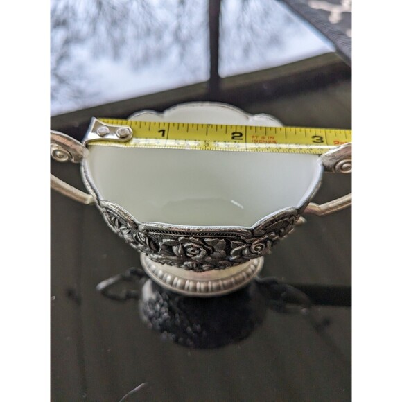 Silverplate Embossed Floral Vtg Sugar Bowl Creamer w Tray White Porcelain Rare - Picture 12 of 16